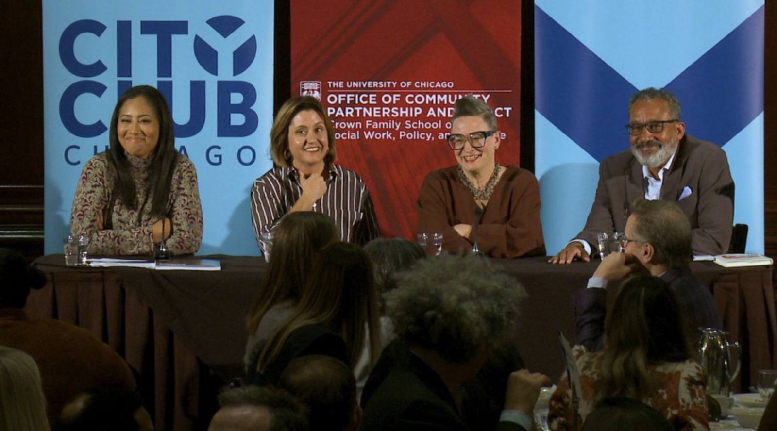 Nicole P. Marwell (center) on a panel at the City Club of Chicago, hosted with the University of Chicago Crown Family School